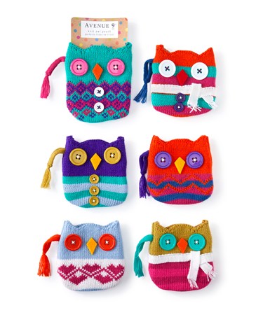 Owl Design Gift Knit Pouch, 6 Asst. w/Displayer